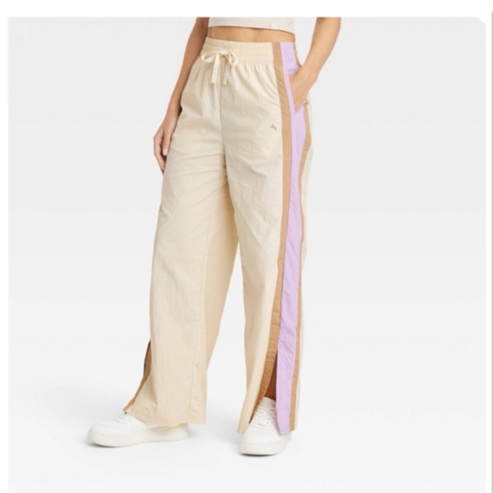 JoyLab Track Pants Wide Leg High Rise Beige Lilac / Brown Stripe Size XL Tall